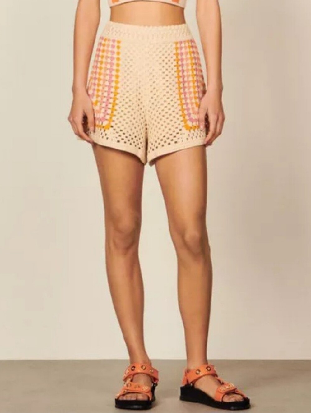 Crochet-Detail Beige Women's Shorts with Pink & Orange Accents